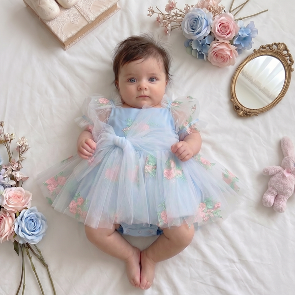 Adorable Light Blue Embroidered Romper Dress