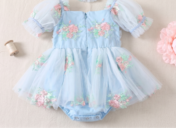 Adorable Light Blue Embroidered Romper Dress