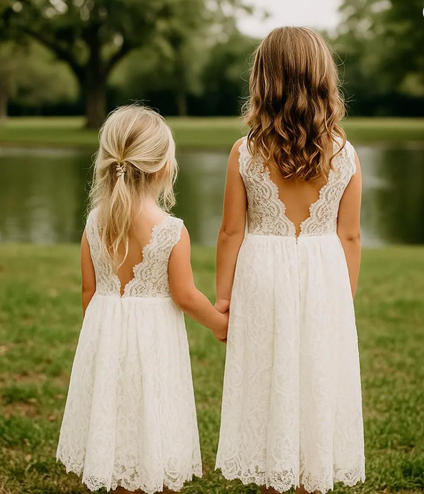 Rustic White Tulle & Lace V-Back Flower Girl Dress
