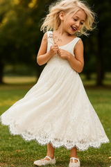 Rustic White Tulle & Lace V-Back Flower Girl Dress