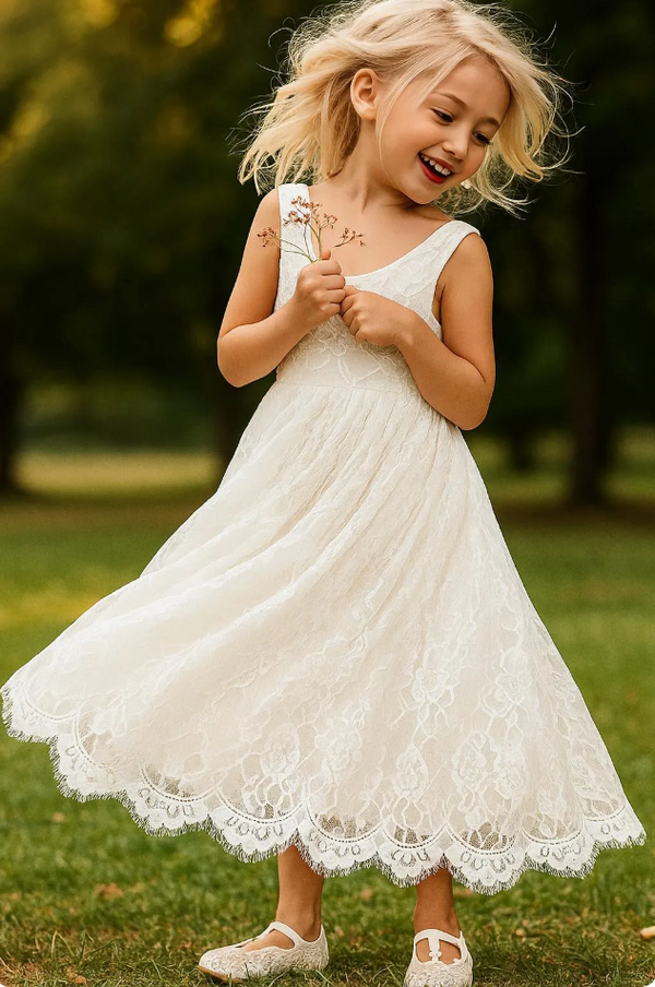 Rustic White Tulle & Lace V-Back Flower Girl Dress