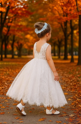 Rustic White Tulle & Lace V-Back Flower Girl Dress