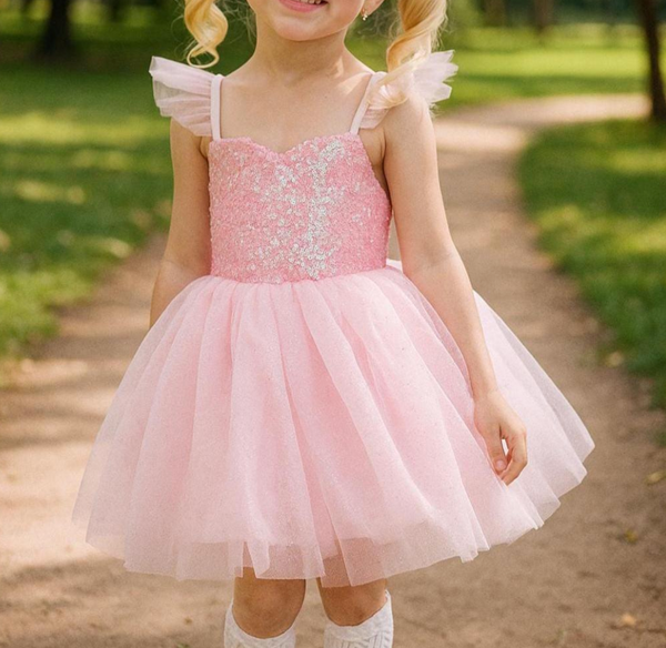 Pink Sequin Tulle Princess Dress for Girls – Sparkly Party Dress with Ruffle Sleeves