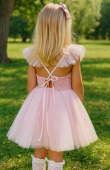 Pink Sequin Tulle Princess Dress for Girls – Sparkly Party Dress with Ruffle Sleeves