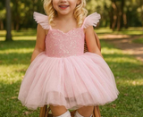 Pink Sequin Tulle Princess Dress for Girls – Sparkly Party Dress with Ruffle Sleeves