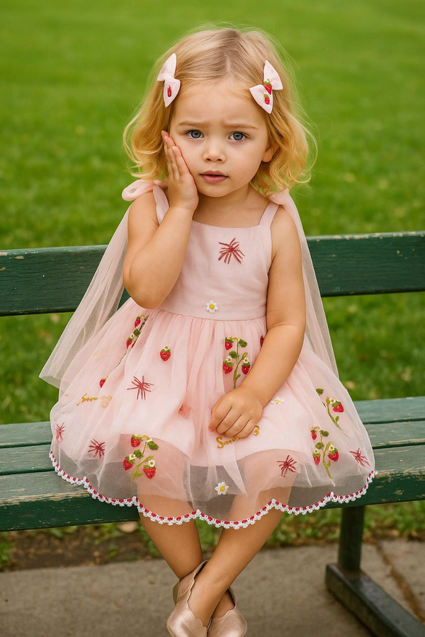 Sweet Strawberry Embroidered Tulle Dress – Pink Fairy Tale Style for Girls