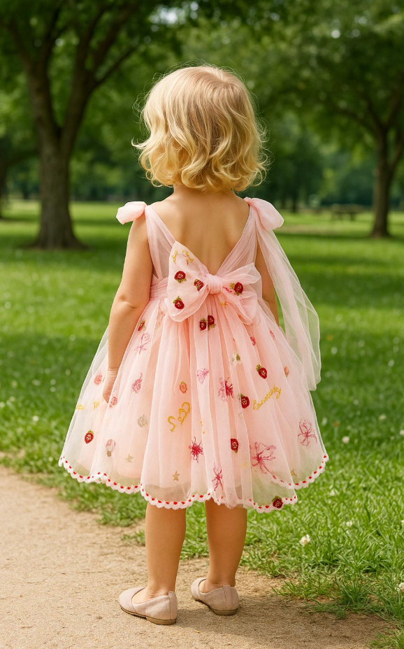 Sweet Strawberry Embroidered Tulle Dress – Pink Fairy Tale Style for Girls