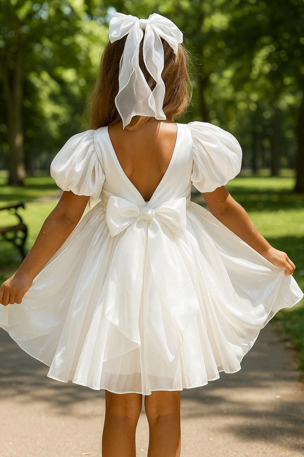 White Puff Sleeve Girls Dress – V-Back Tulle Dress with Bow, Organza Layered Skirt, Princess Birthday or Flower Girl Outfit