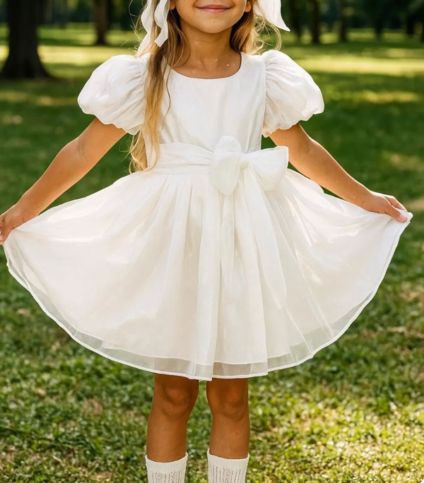 White Puff Sleeve Girls Dress – V-Back Tulle Dress with Bow, Organza Layered Skirt, Princess Birthday or Flower Girl Outfit