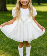 White Puff Sleeve Girls Dress – V-Back Tulle Dress with Bow, Organza Layered Skirt, Princess Birthday or Flower Girl Outfit