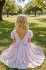White Puff Sleeve Girls Dress – V-Back Tulle Dress with Bow, Organza Layered Skirt, Princess Birthday or Flower Girl Outfit