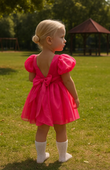 White Puff Sleeve Girls Dress – V-Back Tulle Dress with Bow, Organza Layered Skirt, Princess Birthday or Flower Girl Outfit