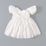 White Puff Sleeve Girls Dress – V-Back Tulle Dress with Bow, Organza Layered Skirt, Princess Birthday or Flower Girl Outfit
