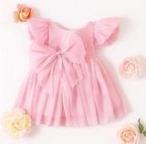 White Puff Sleeve Girls Dress – V-Back Tulle Dress with Bow, Organza Layered Skirt, Princess Birthday or Flower Girl Outfit
