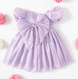 White Puff Sleeve Girls Dress – V-Back Tulle Dress with Bow, Organza Layered Skirt, Princess Birthday or Flower Girl Outfit