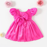 White Puff Sleeve Girls Dress – V-Back Tulle Dress with Bow, Organza Layered Skirt, Princess Birthday or Flower Girl Outfit
