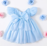 White Puff Sleeve Girls Dress – V-Back Tulle Dress with Bow, Organza Layered Skirt, Princess Birthday or Flower Girl Outfit