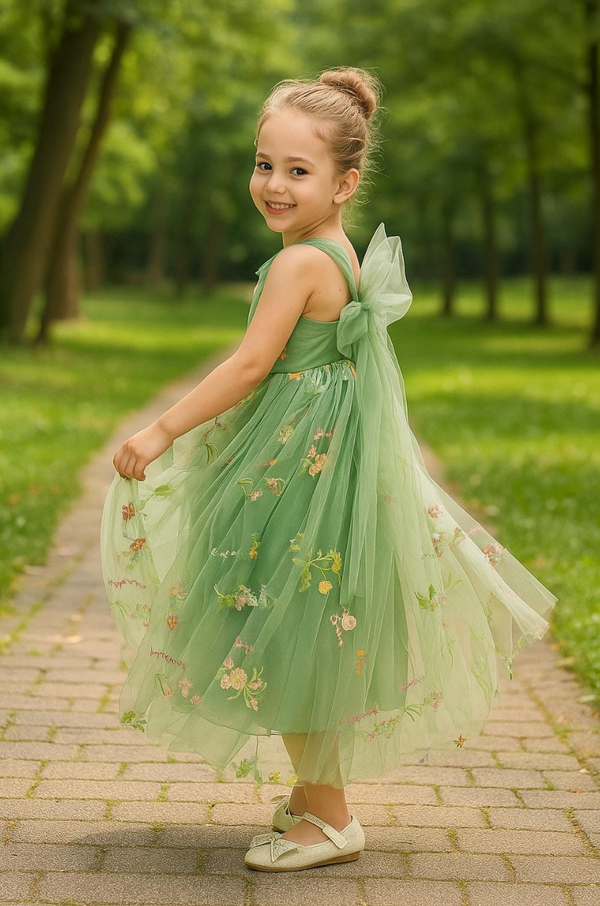 Pastel Green Tulle Flower Girl Dress: Lace Boho Wedding Gown