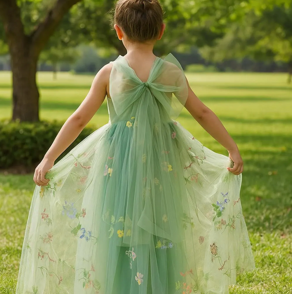 Pastel Green Tulle Flower Girl Dress: Lace Boho Wedding Gown