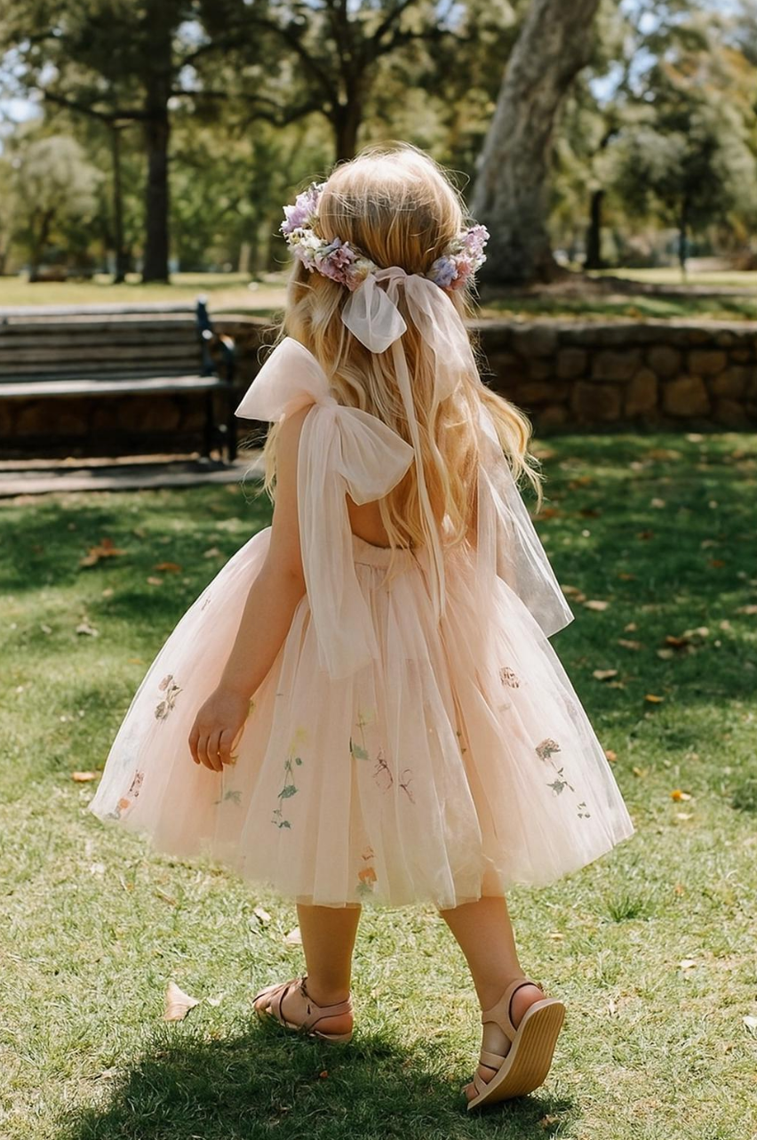 Sky Pink Flower Girl Dress: Embroidered Tulle Princess Party Dress