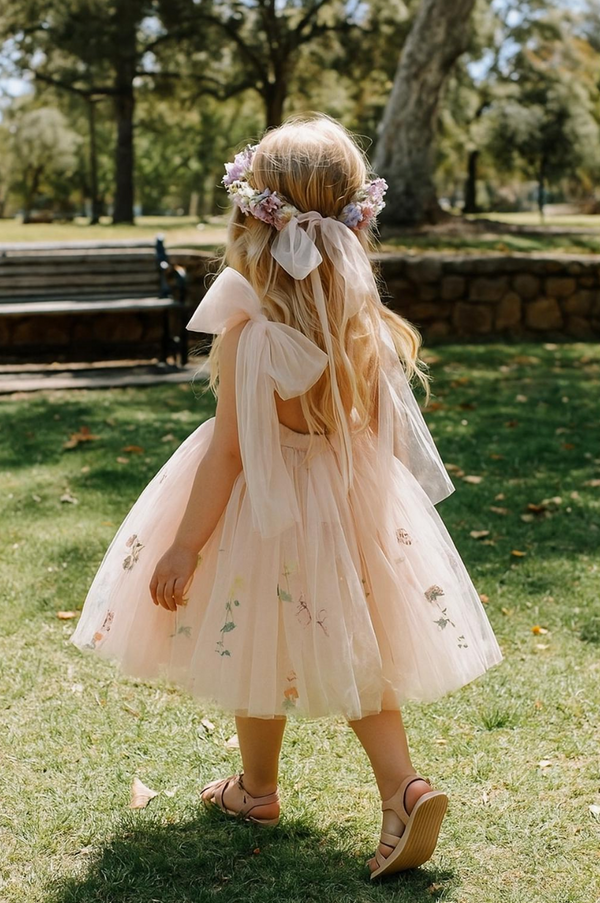 Sky Pink Flower Girl Dress: Embroidered Tulle Princess Party Dress