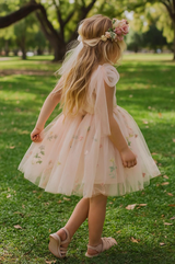 Sky Pink Flower Girl Dress: Embroidered Tulle Princess Party Dress