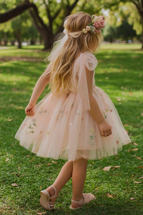 Sky Pink Flower Girl Dress: Embroidered Tulle Princess Party Dress
