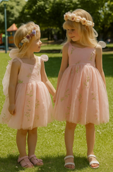Sky Pink Flower Girl Dress: Embroidered Tulle Princess Party Dress
