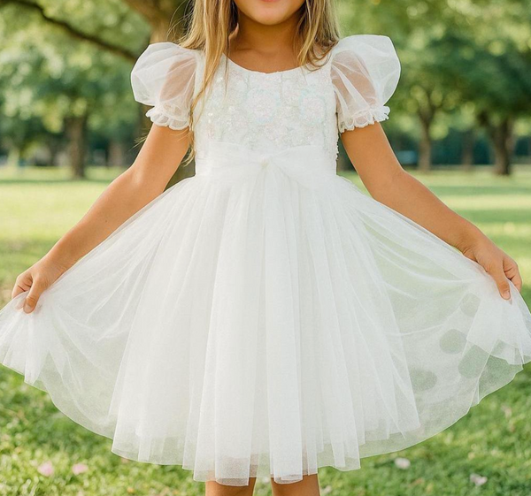 White Tulle Flower Girl Dress with Puff Sleeves | Toddler Birthday Dress | Elegant Embroidered Lace Dress for Girls