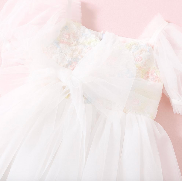 White Tulle Flower Girl Dress with Puff Sleeves | Toddler Birthday Dress | Elegant Embroidered Lace Dress for Girls