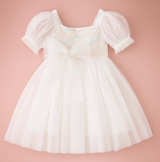 White Tulle Flower Girl Dress with Puff Sleeves | Toddler Birthday Dress | Elegant Embroidered Lace Dress for Girls