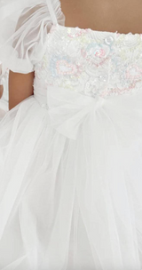 White Tulle Flower Girl Dress with Puff Sleeves | Toddler Birthday Dress | Elegant Embroidered Lace Dress for Girls