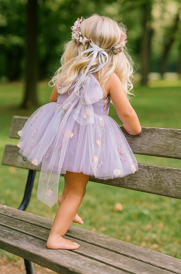 Lavender Floral Tulle Baby Girl Dress – Embroidered Birthday or Special Occasion Dress