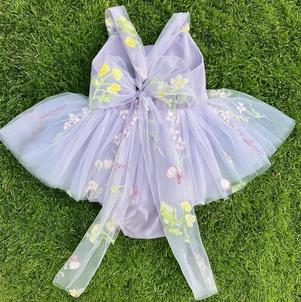 Lavender Floral Tulle Baby Girl Dress – Embroidered Birthday or Special Occasion Dress