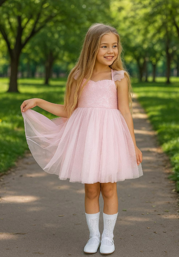 Pink Sequin Tulle Princess Dress for Girls – Sparkly Party Dress with Ruffle Sleeves